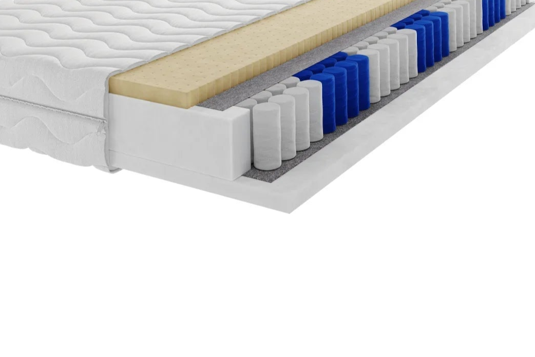 Przekrój materaca kieszeniowego Chevril Luxsen H3 – warstwa lateksu, sprężyny pocket i pianka poliuretanowa