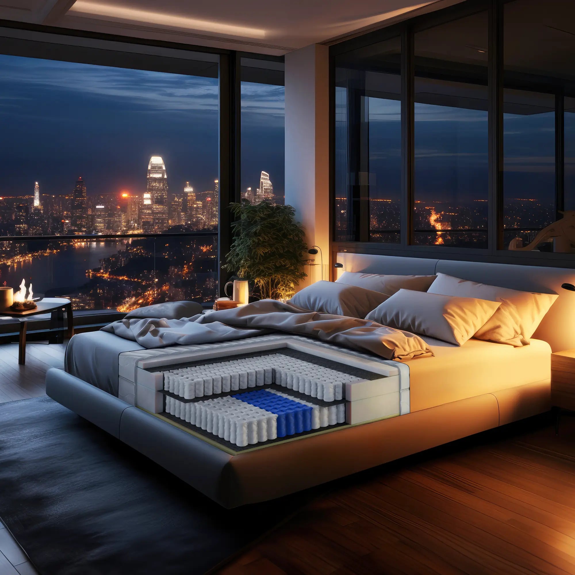 Materac Vanilla Luxsen w nowoczesnej sypialni nocą z podświetlonym łóżkiem